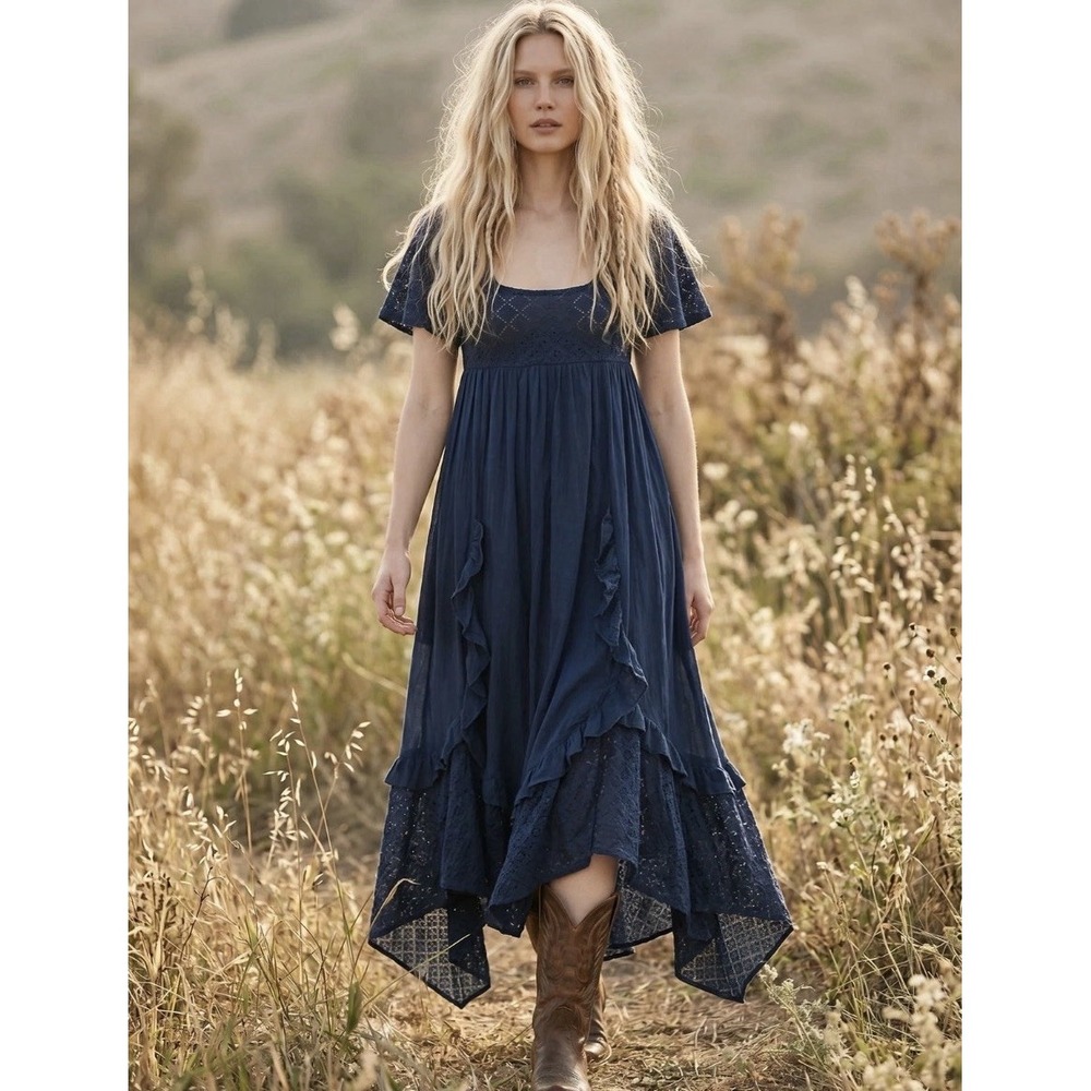 Free People Ethereal Bohemian Bring The Romance Maxi Dress Midnight Blue M